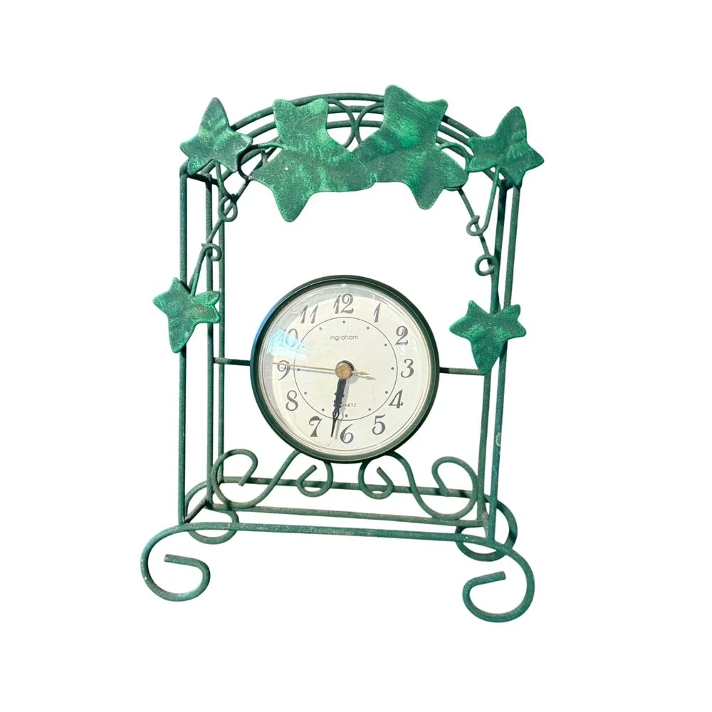 Ingraham Vintage Green Metal Ivy Leaf Desk Clock Quartz Tabletop Decor
